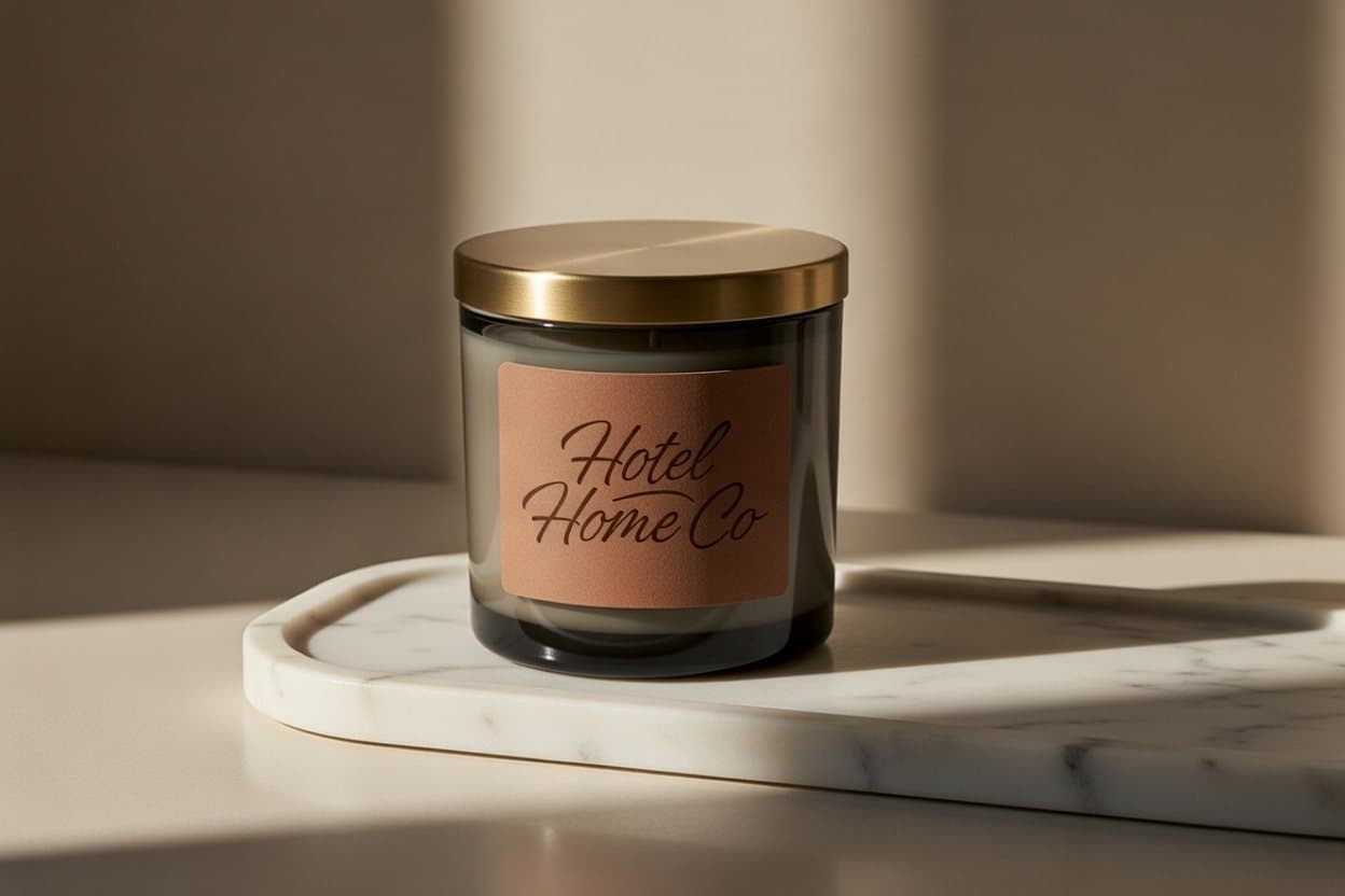 A Hotel Home Co. candle with a brass lid on a marble tray in afternoon light